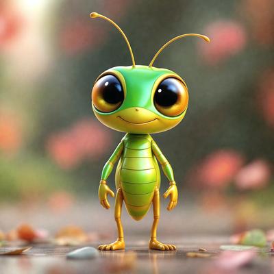 The primary subject of the image is a small, colorful, and happy-looking green insect, possibly a grasshopper or a similar creature. It is standing on a leaf-covered ground, surrounded by a variety of leaves and flowers. The setting appears to be a natural environment, with the insect being the main focus of the scene. The visual style of the image is a combination of photo and digital art, creating a vibrant and lively atmosphere. The colors and mood of the image are predominantly green and cheer